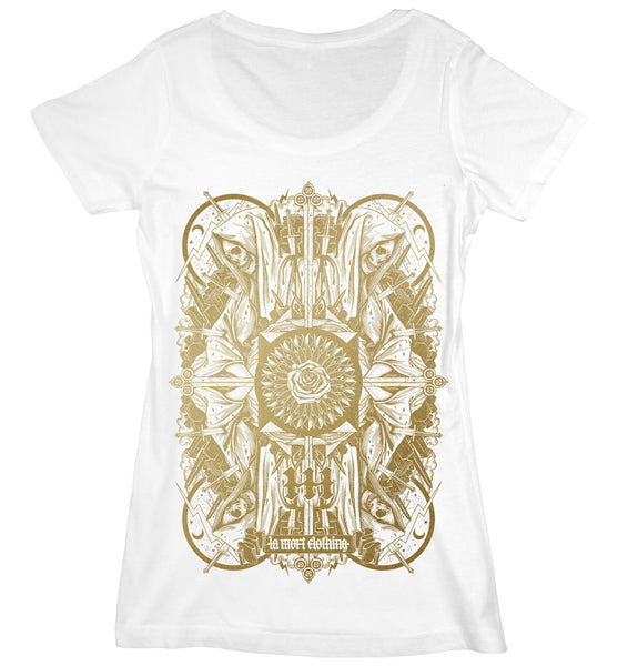 Women's White & Gold Printed Skull T Shirt