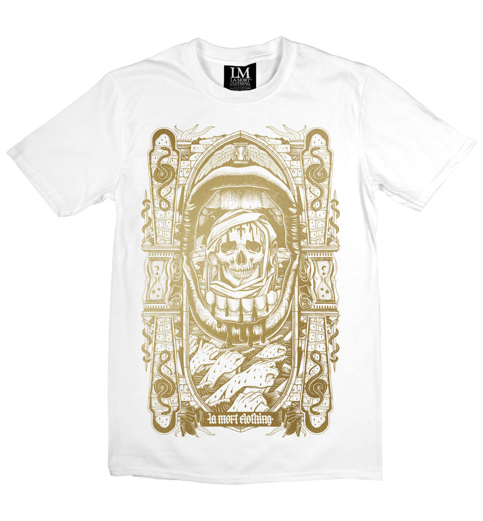 Men's Gold On White Printed T Shirt